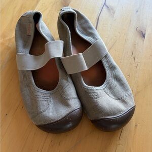 Keen Beige Canvas Mary Jane Flats with Brown Toe
